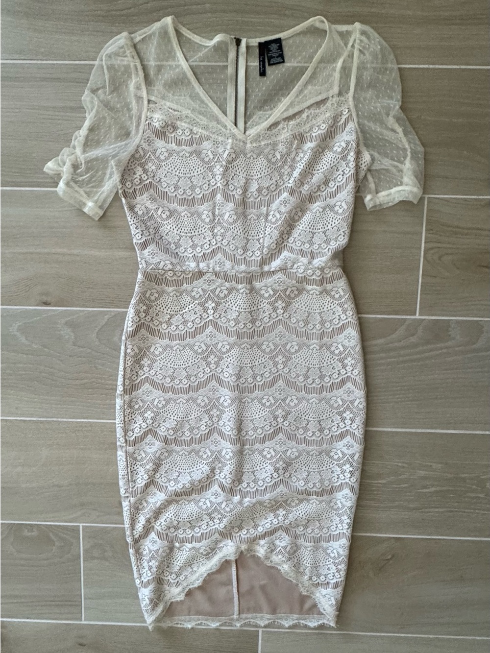 Fire Los Angeles Cream Lace Midi Dress with Sheer Puff Sleeves